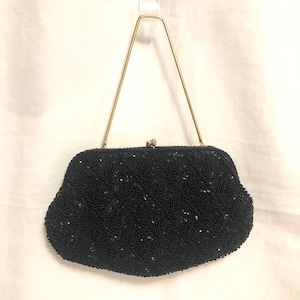 Bolso de noche vintage con cuentas y lentejuelas en negro, minibolso de mano de satén negro, cartera de noche estilo art déco, bolso formal de doble cara