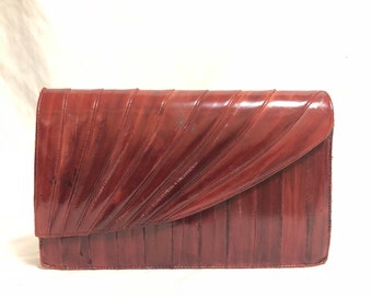 Vintage Deep Red Eel Skin Purse | Burgundy Eelskin Clutch | Red Eel Skin Flap Bag | Red Exotic Leather Bag | Ruby Red Eel Skin Bag