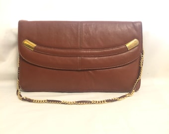 Vintage Brown Leather Baguette Clutch with Shoulder Strap