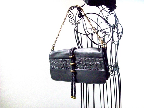 Black Ruched Leather Shoulder Bag / Designer Blac… - image 5