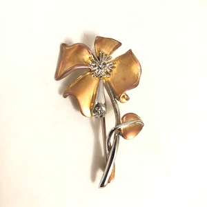 Gold and Silver Flower Brooch with Rhinestone Details | Gold Floral Brooch | Silver Flower Pin | Metal Flower Brooch | Floral Jewelry