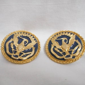 Vintage Gold Toned Eagle Holding Arrows and Olive Branch Clip On Earrings / Great Seal Gold Toned Clip On Earrings with Dark Blue Enamel