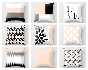 Throw Pillow Covers, Blush Peach Pink Pillow Covers, Whispering Peach Decor, Black Grey White Blush, Cushion Covers Decorative Pillows