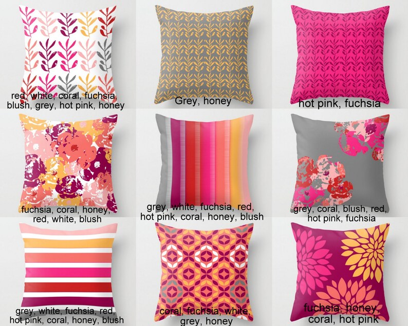 Throw Pillows Pillow Covers Hot Pink Fuchsia Orange Red Grey Etsy