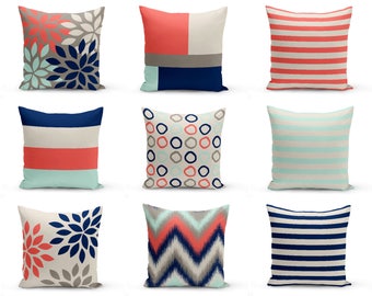 Outdoor Pillows, Coral Beige Aqua Navy Grey, Outdoor Home Decor, Outdoor Throw Pillows