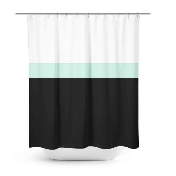 Striped Shower Curtain Black White Bathroom Aqua Green Image 0