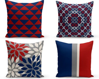 Outdoor Pillows, Grey Red Navy Off white, Outdoor Home Decor, Outdoor Throw Pillows