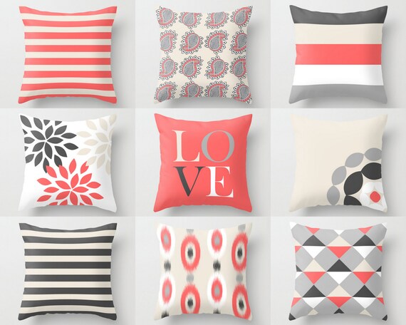 Throw Pillow Covers Geometric Home Decor Coral Beige Grey Love Etsy