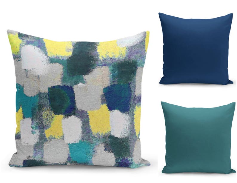Colorful Pillow Covers Teal Navy Yellow Grey Home Decor Etsy