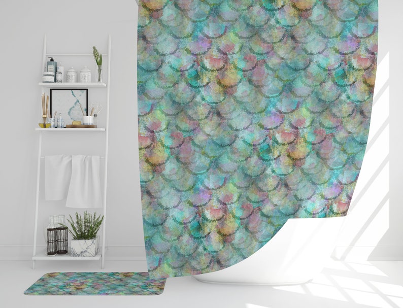 Mermaid Shower Curtain Beach Bathroom Decor Colorful Fish Scale Bath Mat Floor