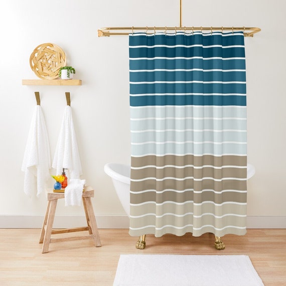Shower Curtain Striped Bath Curtain Navy Blue Taupe Brown Etsy