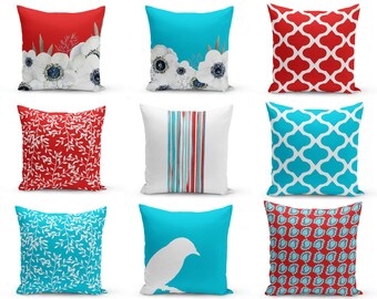 Outdoor Pillows, Red Turquoise White, Patio Decor, Outdoor Throw Pillows