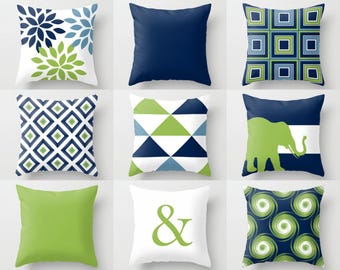 Outdoor Pillows, Navy Pear Green White, Outdoor Home Decor, Outdoor Throw Pillows
