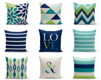 Outdoor Pillows, Navy Beige Teal Beige Pear , Outdoor Home Decor, Outdoor Throw Pillows