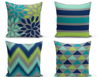 Outdoor Pillows, Navy Teal Grey Pear Green Lucite Green, Outdoor Home Decor, Outdoor Throw Pillows
