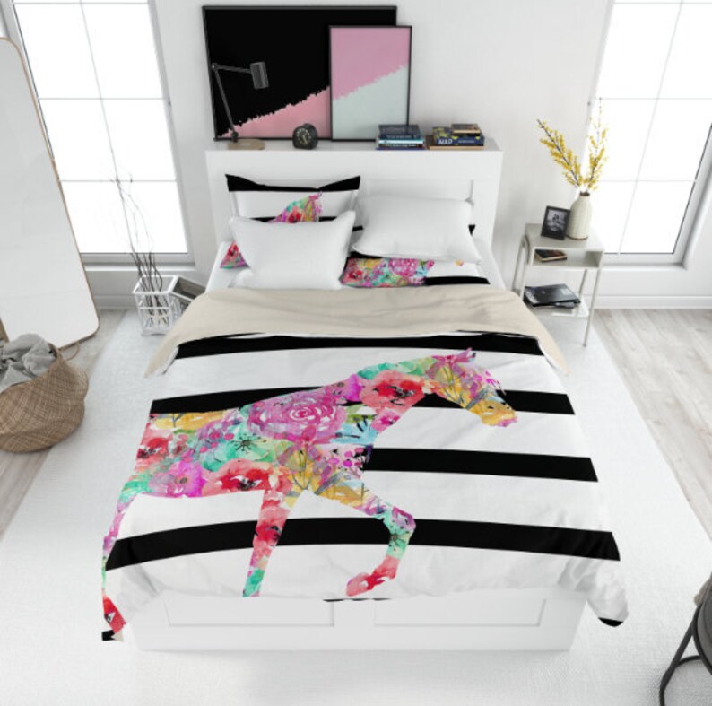 Horse Duvet Cover Abstract Floral Duvet Black White Decor Etsy