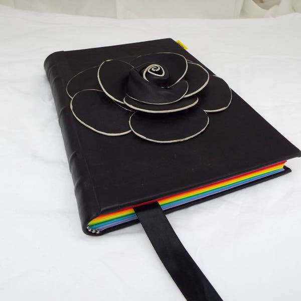 Black Leather bound journal with Leather flower and Rainbow paper