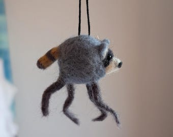 Needle felted Jimothy the raccoon ornament