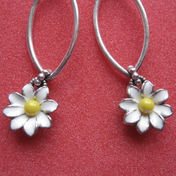 Sterling Silver Daisy Flower Yellow White Enamel Dangle Hook Earring (3501)