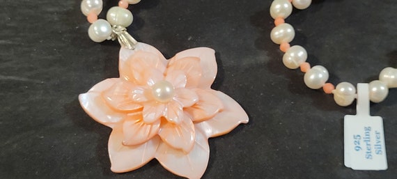 Sterling Silver Pink Coral Shell And Cultured Pea… - image 2