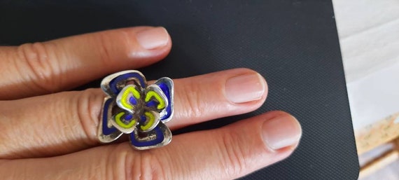 Sterling Silver Enamel 3D Flower Pansy Viola Ring… - image 5