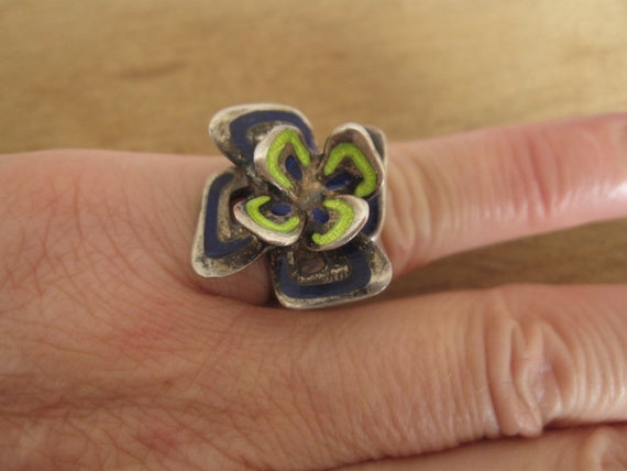 Sterling Silver Enamel 3D Flower Pansy Viola Ring… - image 4