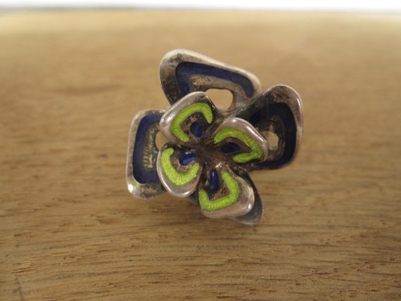 Sterling Silver Enamel 3D Flower Pansy Viola Ring… - image 1