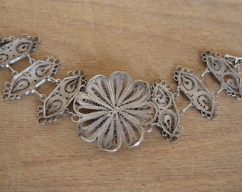 Vintage Sterling Silver Filigree Flower Bracelet Wide 6.5" (2967)