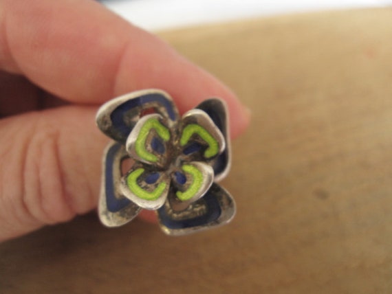 Sterling Silver Enamel 3D Flower Pansy Viola Ring… - image 3