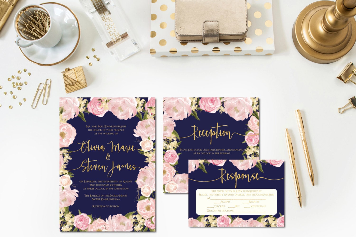 Navy Blush And Gold Wedding Invitations 4
