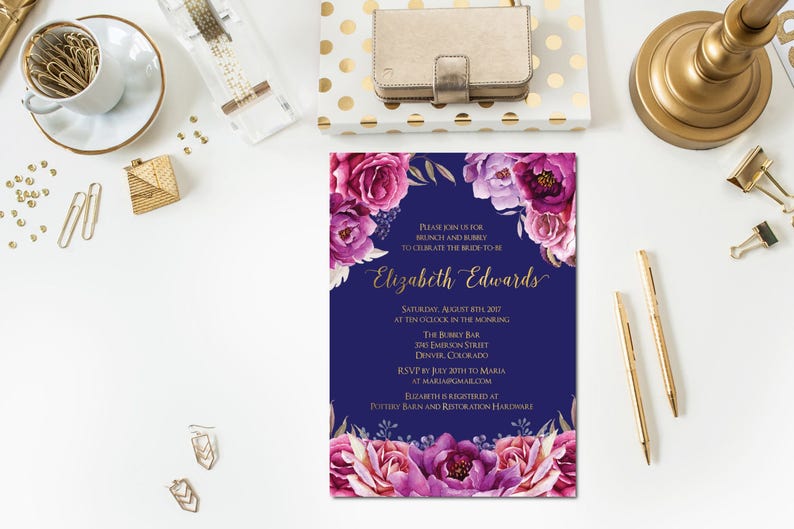 Gold Navy Fuchsia Bohemian Bridal Shower Invitation