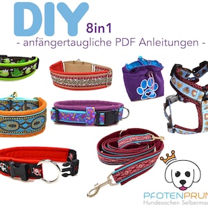 May include: DIY 8 in 1 beginner-friendly PDF instructions for making dog collars, leashes, harnesses, and a treat pouch. The image shows various colorful designs with different patterns and fabrics.