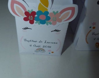 Boîte à dragées bonbons, cadeaux d'invités baptême, anniversaire sur le thème licorne renard