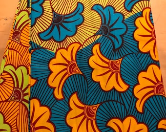 Tela africana floral naranja y azul de 36"x45", tela de algodón africano, cortada a medida, tela étnica / costura / acolchado / tela Ankara