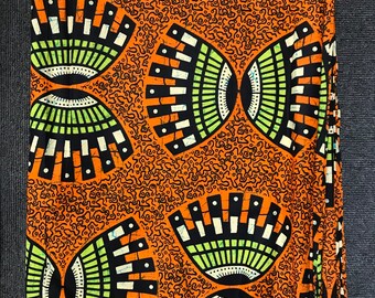 Tela con estampado africano naranja y verde cortada a medida / Textiles africanos / Ropa / Estampado africano al por mayor