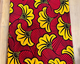 Tela africana floral roja y amarilla de 36"x45", tela de algodón africano, cortada a medida, tela étnica / costura / acolchado / tela Ankara