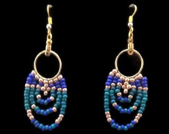 Egyptian style beadwork earrings in dark blue, teal and gold, clip-ons available, beadweaving jewelry, fringe earrings, dark blue and gold