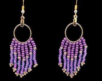 Lavender and gold fringe beadwork earrings