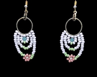 May Flowers  floral earrings with pink beadwork flowers, clip-ons available, dangle earrings in white, pale pink, green and blue, seed bead