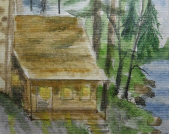 Lake cabin watercolor small painting  5x7, matted and signed country landscape scene, country cabin art, lake decor, lake cabin, rowboat art