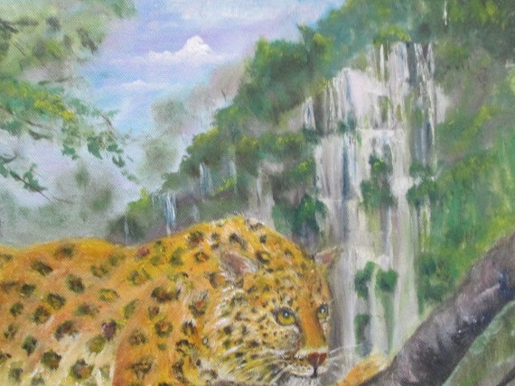 Original oil Painting of Leopard lying high above a rain forest waterfall.
