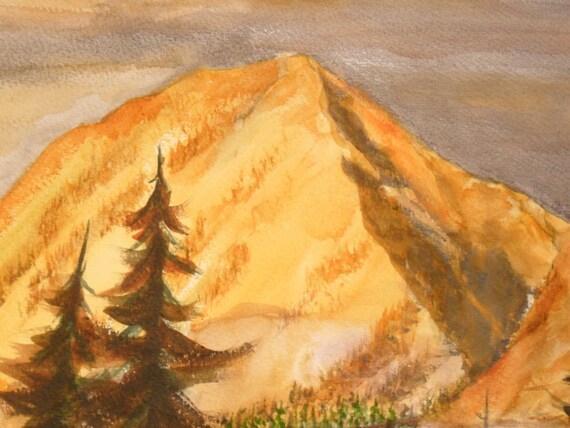 Montagne Jaune Peinture Aquarelle Montagne Paysage Décoration Murale De Pays Paysage Western Pin Arbre Peinture