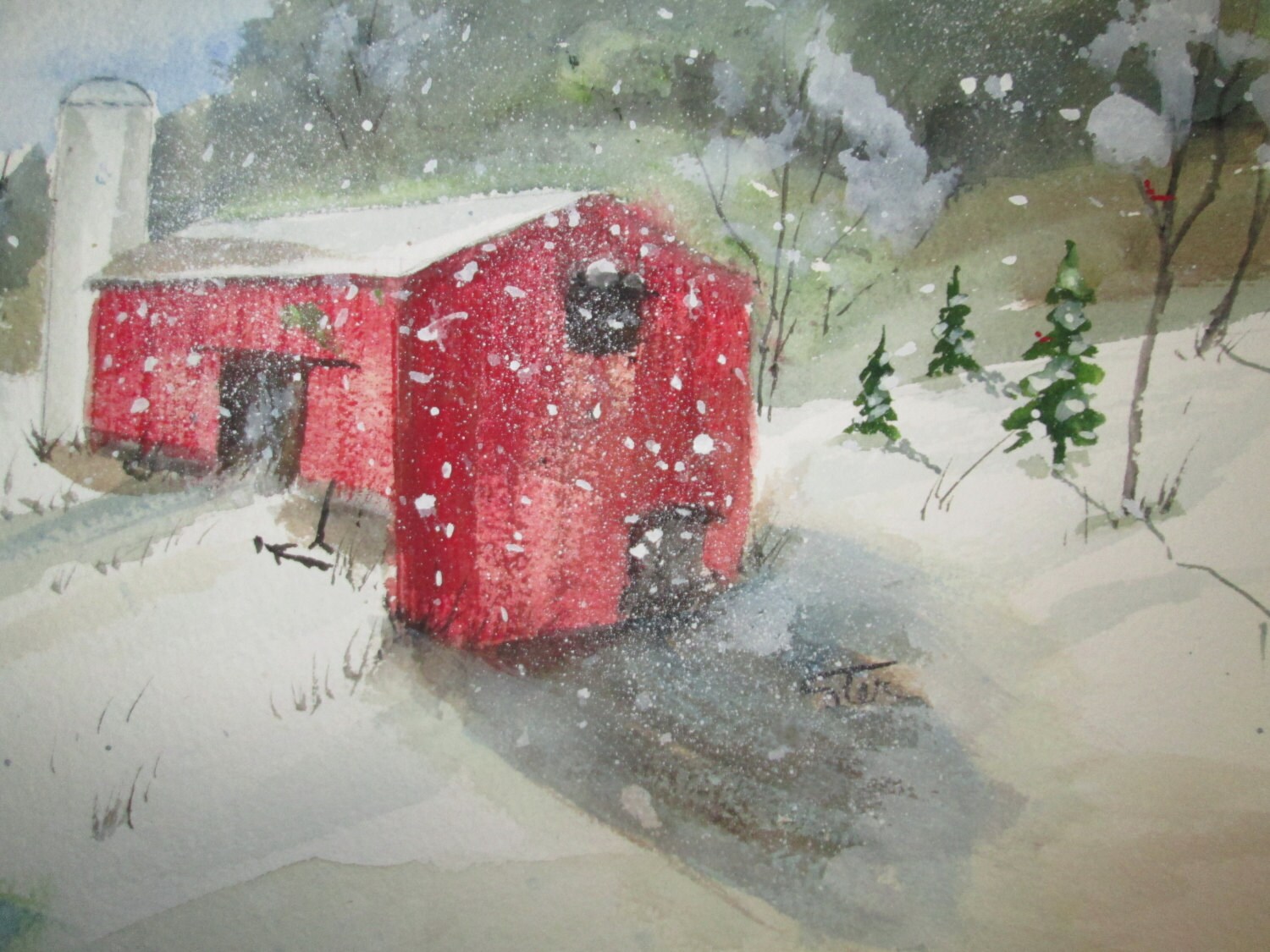 Original Watercolor Painting of Red Barn Nestled on the Side of a Hill ...