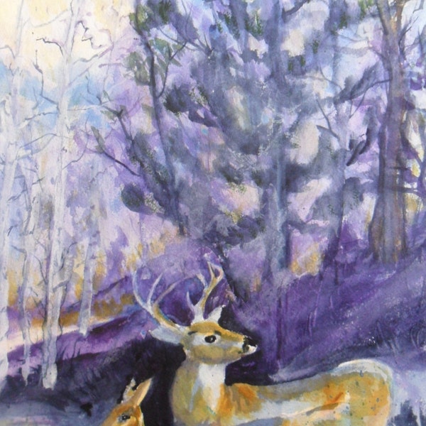 Deer painting original watercolor 16x20 matted - deer art - deer decor - purple painting - woodsy art - wildlife art - northern art