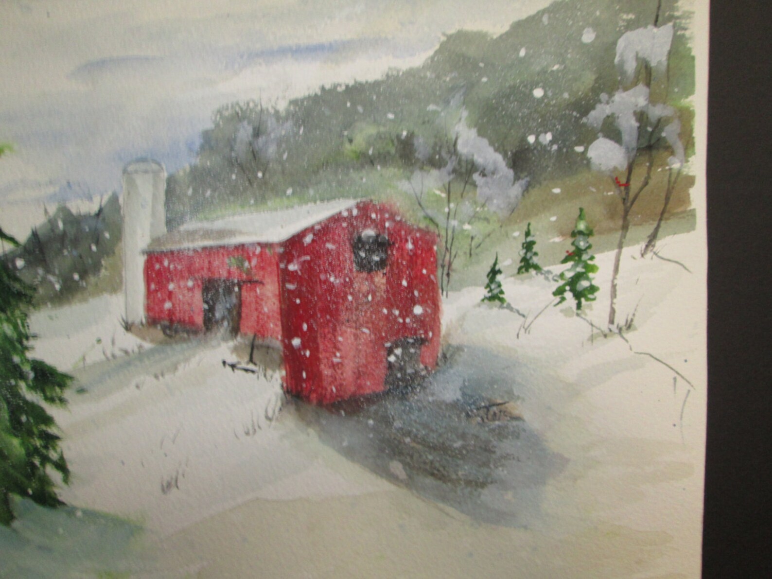 Original Watercolor Painting of Red Barn Nestled on the Side of a Hill ...