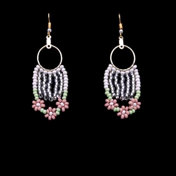 April Showers pink, green and white floral beadwork earrings, clip-ons available, Spring and Easter earrings