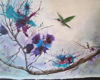 May include: Watercolor painting of a tree branch with purple and blue flowers and two hummingbirds in flight. The background is a light wash of blue and purple.