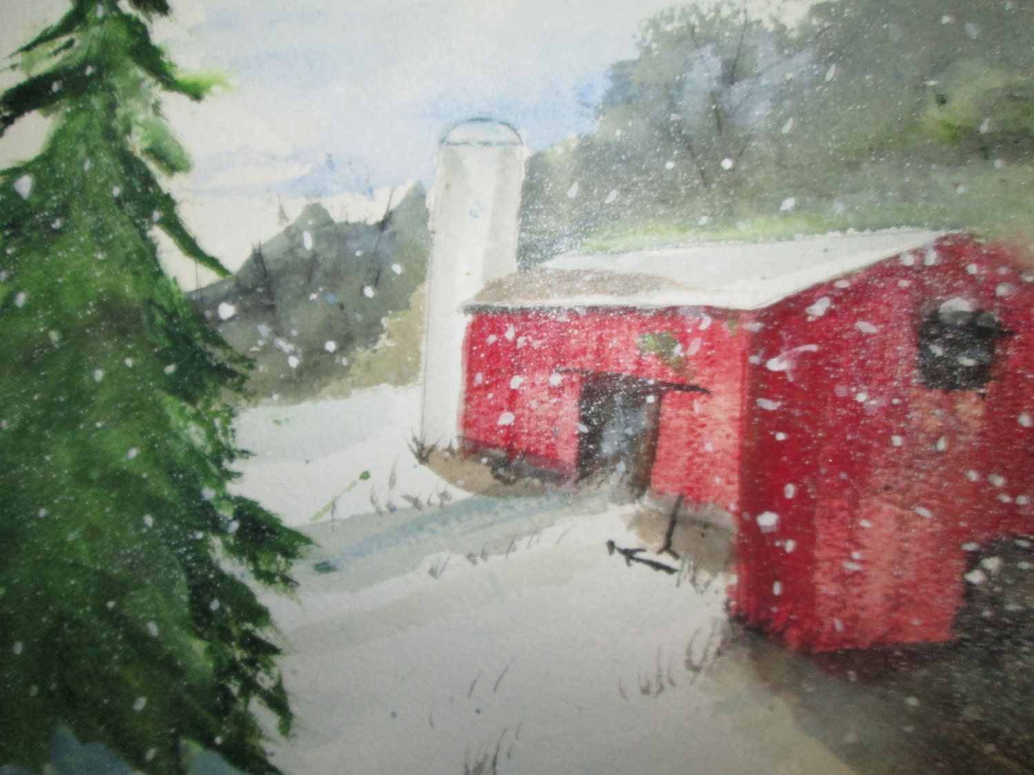 Original Watercolor Painting of Red Barn Nestled on the Side of a Hill ...