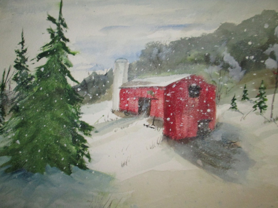 Original Watercolor Painting of Red Barn Nestled on the Side of a Hill ...