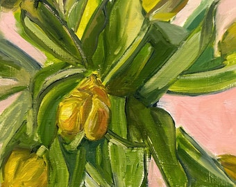 Original Oil Painting of Yellow Tulips, Yellow Floral Art, Gift for Her, Mother's Day Gift, Minimal Wall Decor, Salmon Colored Art